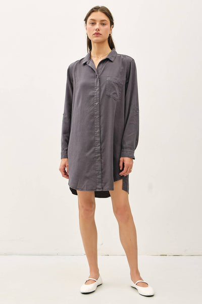 TENCEL ROLL SLEEVE HIGH LOW SHIRT DRESS IN GREIGE-SHIRT DRESS-MODE-Couture-Boutique-Womens-Clothing