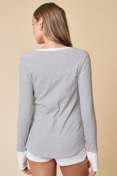 JACEY HENLEY STRIPE TOP IN WHITE COMBO-Tops-MODE-Couture-Boutique-Womens-Clothing