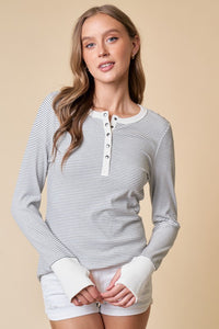 JACEY HENLEY STRIPE TOP IN WHITE COMBO-Tops-MODE-Couture-Boutique-Womens-Clothing