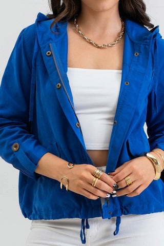 GET CARRIED AWAY SNAP BUTTON ZIP UP HOODIE IN ROYAL BLUE-Jacket-MODE-Couture-Boutique-Womens-Clothing