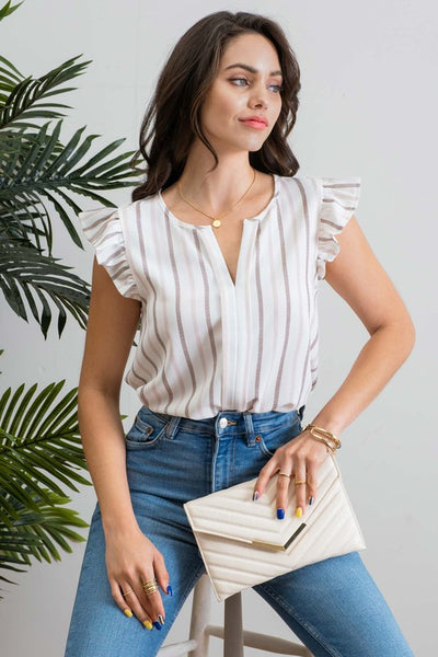 EXPECT MORE SOFT STRIPE WOVEN TOP IN TAUPE-Tops-MODE-Couture-Boutique-Womens-Clothing