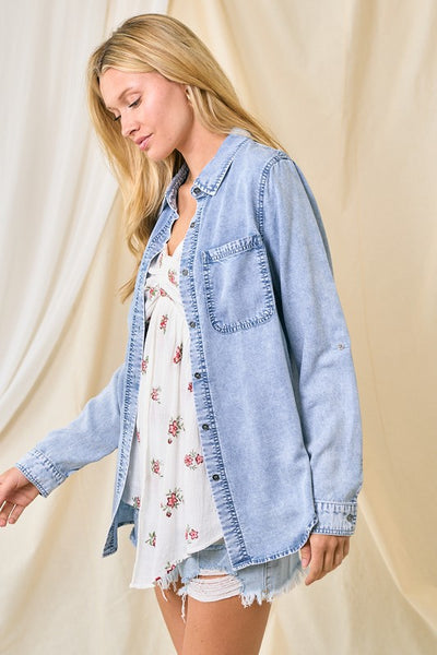 MEET ME IN THE MIDDLE CHAMBRAY SHIRT IN LIGHT DENIM-Tops-MODE-Couture-Boutique-Womens-Clothing