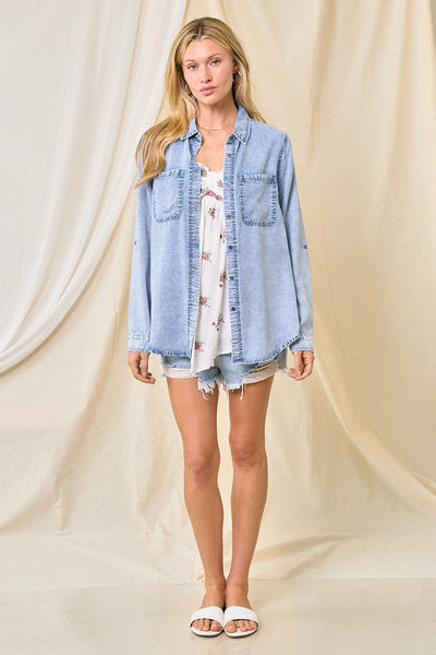 MEET ME IN THE MIDDLE CHAMBRAY SHIRT IN BLACK DENIM-Tops-MODE-Couture-Boutique-Womens-Clothing