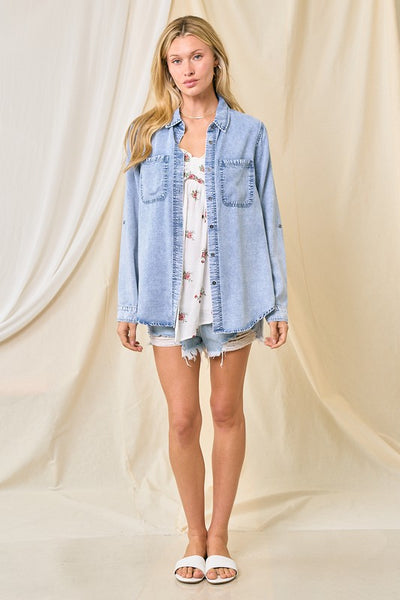 MEET ME IN THE MIDDLE CHAMBRAY SHIRT IN LIGHT DENIM-Tops-MODE-Couture-Boutique-Womens-Clothing
