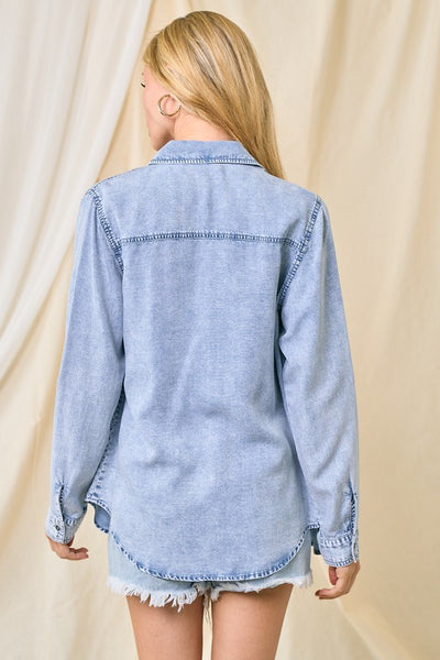 MEET ME IN THE MIDDLE CHAMBRAY SHIRT IN LIGHT DENIM-Tops-MODE-Couture-Boutique-Womens-Clothing
