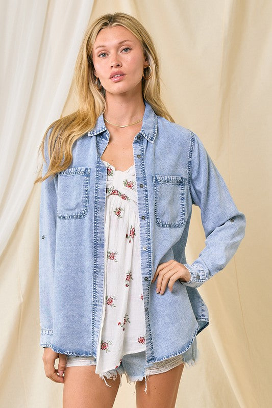 MEET ME IN THE MIDDLE CHAMBRAY SHIRT IN LIGHT DENIM-Tops-MODE-Couture-Boutique-Womens-Clothing