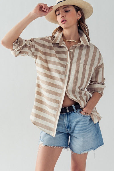 TIMELESS BUTTON DOWN VERTICAL & HORIZONTAL SHIRT IN TAUPE-Shirts & Tops-MODE-Couture-Boutique-Womens-Clothing