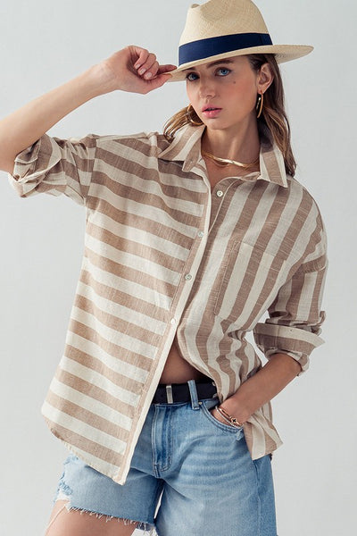 TIMELESS BUTTON DOWN VERTICAL & HORIZONTAL SHIRT IN TAUPE-Shirts & Tops-MODE-Couture-Boutique-Womens-Clothing