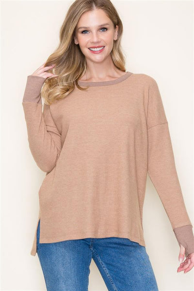 LATE NIGHT CALL LONG SLEEVE THERMAL PULLOVER IN MOCHA-Tops-MODE-Couture-Boutique-Womens-Clothing