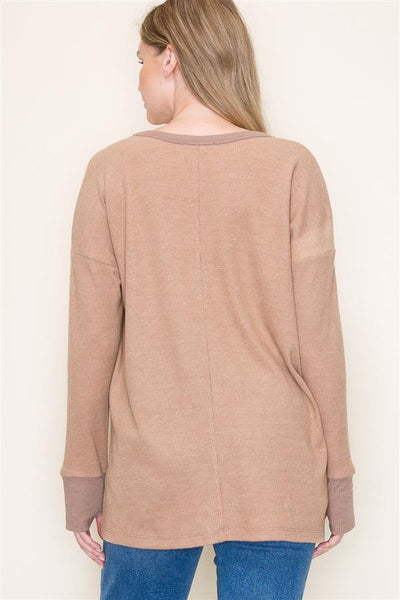LATE NIGHT CALL LONG SLEEVE THERMAL PULLOVER IN MOCHA-Tops-MODE-Couture-Boutique-Womens-Clothing