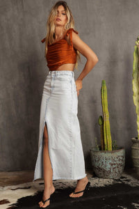 SEE YOU AT SUNDOWN FRONT SLIT DENIM SKIRT IN LIGHT WASH-SKIRTS-MODE-Couture-Boutique-Womens-Clothing