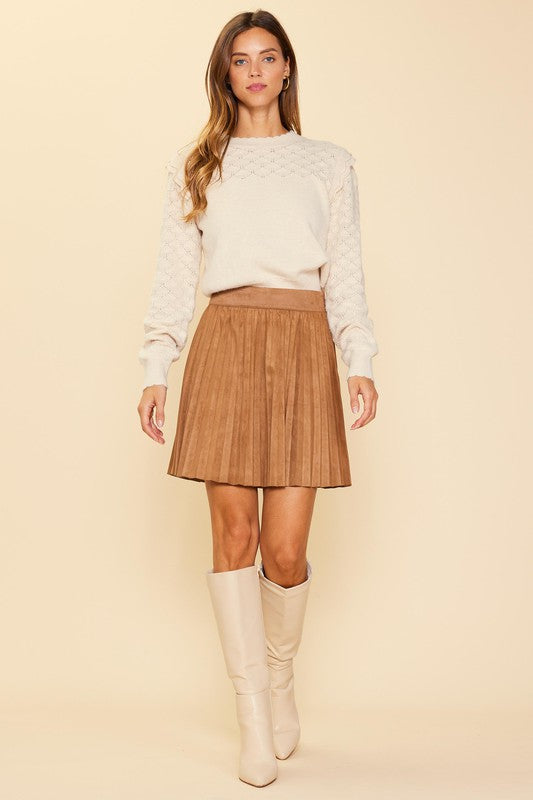 FELICIA FAUX SUEDE PLEATED MINI SKIRT IN BROWN-SKIRTS-MODE-Couture-Boutique-Womens-Clothing