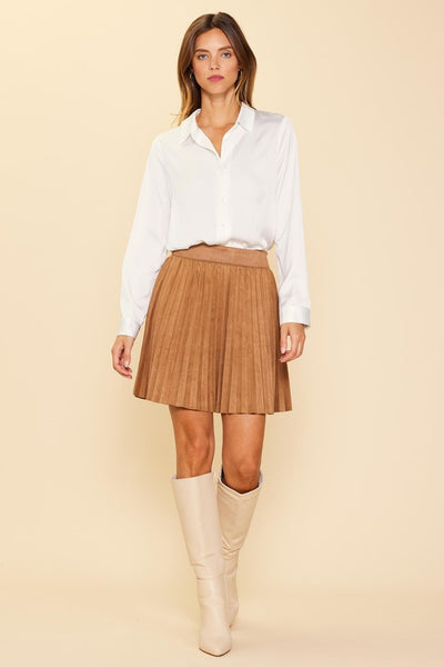 FELICIA FAUX SUEDE PLEATED MINI SKIRT IN BROWN-SKIRTS-MODE-Couture-Boutique-Womens-Clothing