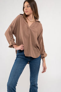 MINA COLLARED SPLIT NECK TOP IN COCOA-MODE-Couture-Boutique-Womens-Clothing