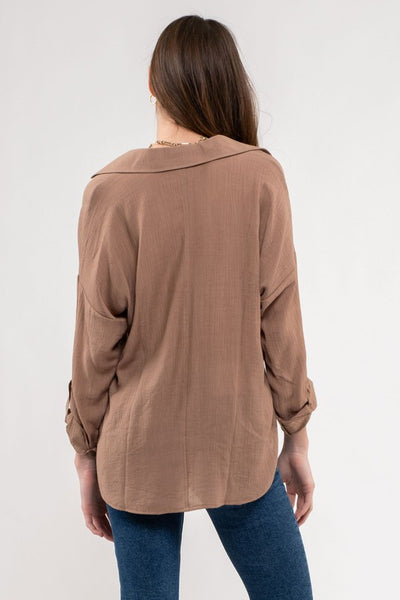 MINA COLLARED SPLIT NECK TOP IN COCOA-MODE-Couture-Boutique-Womens-Clothing