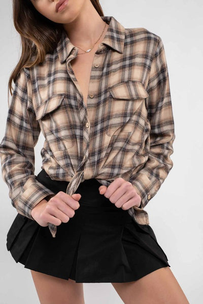 LIGHTWEIGHT PLAID BUTTON DOWN SHIRT IN KHAKI-Shirts & Tops-MODE-Couture-Boutique-Womens-Clothing