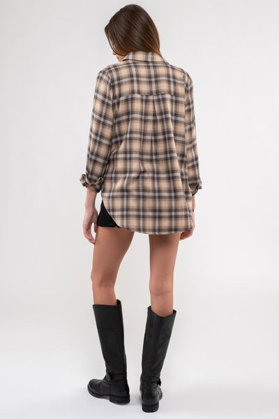 LIGHTWEIGHT PLAID BUTTON DOWN SHIRT IN KHAKI-Shirts & Tops-MODE-Couture-Boutique-Womens-Clothing
