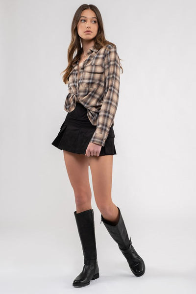 LIGHTWEIGHT PLAID BUTTON DOWN SHIRT IN KHAKI-Shirts & Tops-MODE-Couture-Boutique-Womens-Clothing
