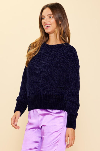 MARA LONG SLEEVE CHENILLE CLASSIC SWEATER IN NAVY-Sweaters-MODE-Couture-Boutique-Womens-Clothing