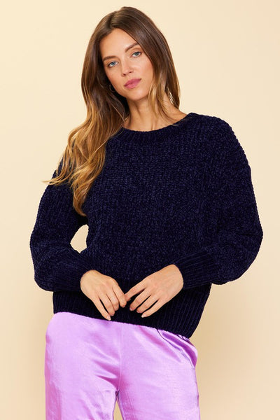 MARA LONG SLEEVE CHENILLE CLASSIC SWEATER IN NAVY-Sweaters-MODE-Couture-Boutique-Womens-Clothing