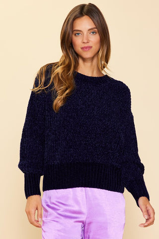 MARA LONG SLEEVE CHENILLE CLASSIC SWEATER IN NAVY-Sweaters-MODE-Couture-Boutique-Womens-Clothing