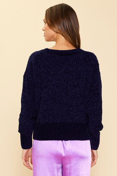 MARA LONG SLEEVE CHENILLE CLASSIC SWEATER IN NAVY-Sweaters-MODE-Couture-Boutique-Womens-Clothing