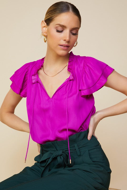 WORK TO WEEKEND SATIN RUFFLE TOP IN ORCHID-Tops-MODE-Couture-Boutique-Womens-Clothing