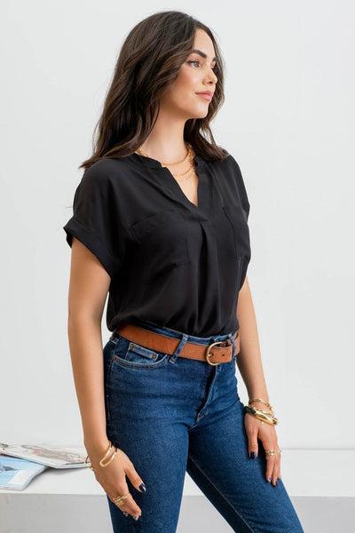 EMALEE SPLIT NECK FRONT POCKET TOP IN BLACK-Tops-MODE-Couture-Boutique-Womens-Clothing