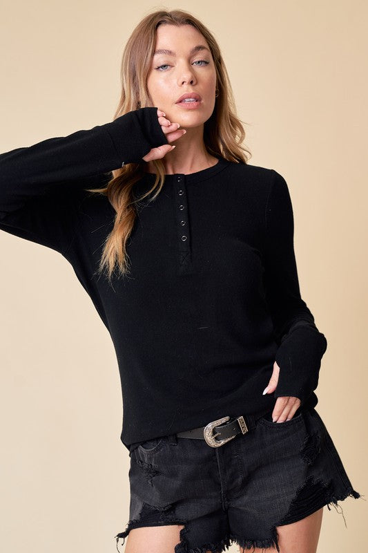 JACEY HENLEY TOP IN BLACK-Tops-MODE-Couture-Boutique-Womens-Clothing