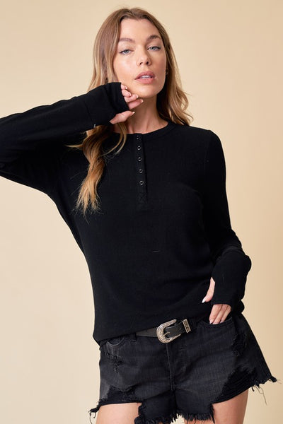 JACEY HENLEY TOP IN BLACK-Tops-MODE-Couture-Boutique-Womens-Clothing