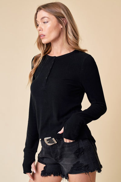 JACEY HENLEY TOP IN BLACK-Tops-MODE-Couture-Boutique-Womens-Clothing