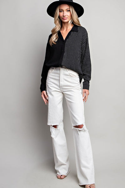 JENNICA HALF STRIPE BUTTON DOWN SHIRT IN BLACK-Tops-MODE-Couture-Boutique-Womens-Clothing