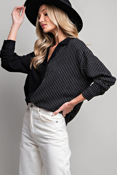 JENNICA HALF STRIPE BUTTON DOWN SHIRT IN BLACK-Tops-MODE-Couture-Boutique-Womens-Clothing