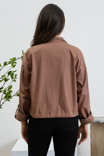 DOWNTOWN DATE NIGHT OVERSIZED POCKET UTILITY JACKET IN COCOA-Jacket-MODE-Couture-Boutique-Womens-Clothing