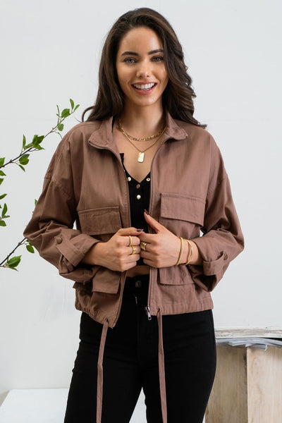 DOWNTOWN DATE NIGHT OVERSIZED POCKET UTILITY JACKET IN COCOA-Jacket-MODE-Couture-Boutique-Womens-Clothing
