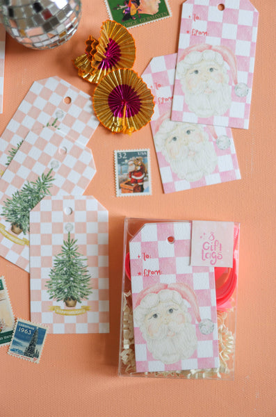 Pink checker disco tree holiday gift tag set-MODE-Couture-Boutique-Womens-Clothing