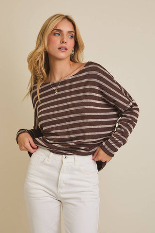 CAMDEN STRIPE KNIT TOP IN BROWN/CREAM-Tops-MODE-Couture-Boutique-Womens-Clothing