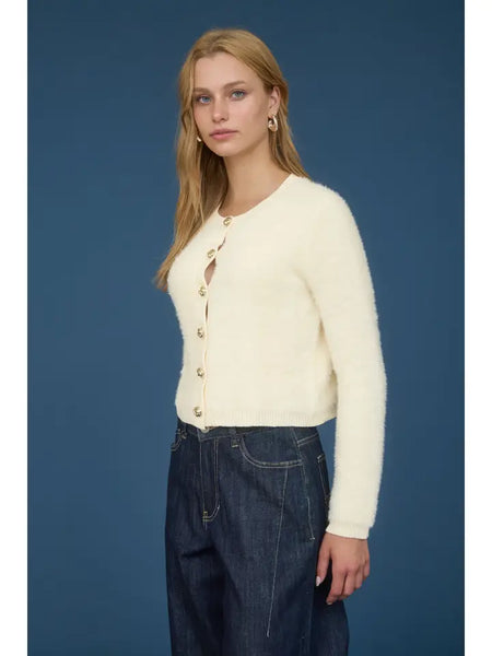 FEELING GOOD BUTTON DOWN FUZZY KNIT CARDIGAN IN LIGHT CREAM-cardigan-MODE-Couture-Boutique-Womens-Clothing