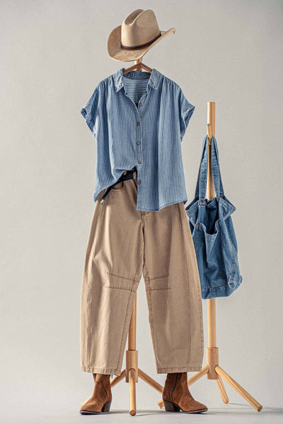 BEACH WALKING STRIPE BUTTON DOWN SHIRT IN CHAMBRAY-Shirts & Tops-MODE-Couture-Boutique-Womens-Clothing