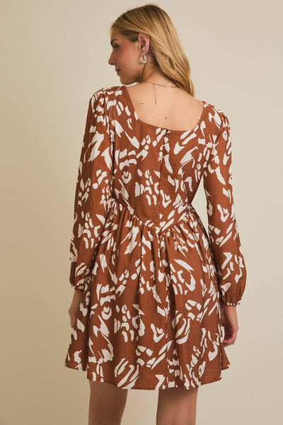 LUCY SQUARE NECK LONG SLEEVE ABSTRACT DRESS IN CAMEL-Dresses-MODE-Couture-Boutique-Womens-Clothing