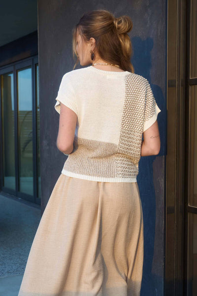 COLORBLOCK SHORT SLEEVE SWEATER TOP IN TAUPE MULTI-KNIT TOP-MODE-Couture-Boutique-Womens-Clothing