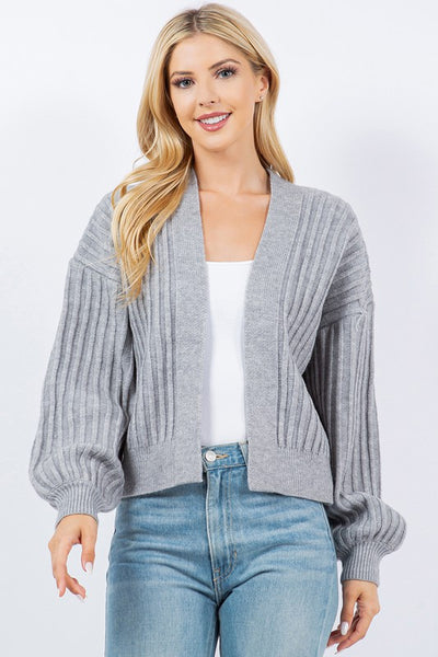 MIMI RIBBED BALOON SLEEVE CARDIGAN IN GREY-CARDIGAN-MODE-Couture-Boutique-Womens-Clothing