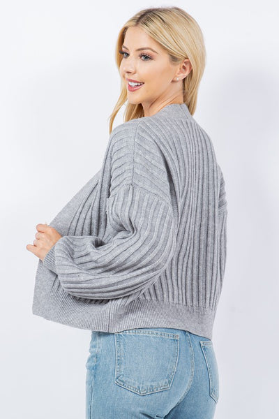MIMI RIBBED BALOON SLEEVE CARDIGAN IN GREY-CARDIGAN-MODE-Couture-Boutique-Womens-Clothing