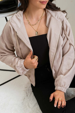 LET IT GO ZIPPER FRONT CORDUROY JACKET IN KHAKI-Jacket-MODE-Couture-Boutique-Womens-Clothing