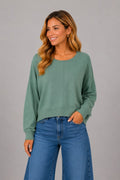 CAMILLA ROUND NECK SOFTEST FRONT SEAM SWEATER IN CHIVE