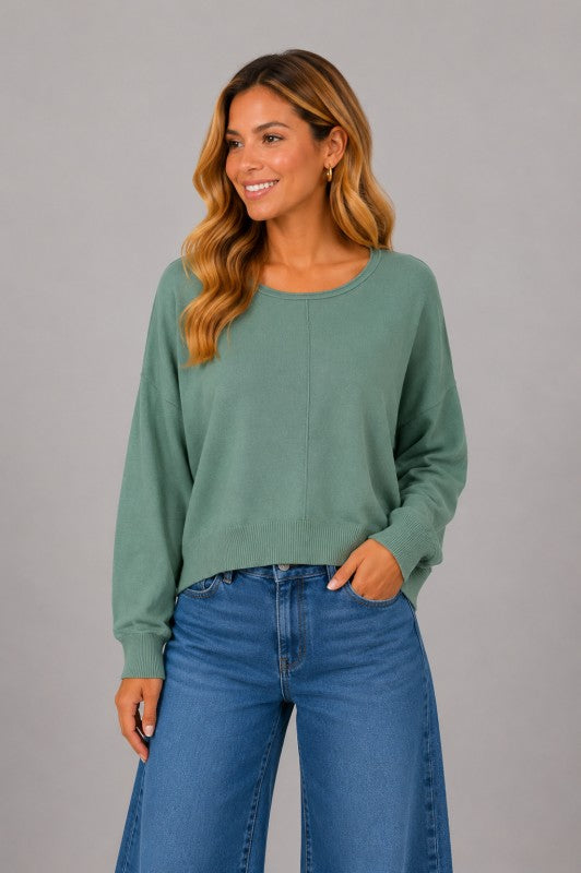 CAMILLA ROUND NECK SOFTEST FRONT SEAM SWEATER IN CHIVE