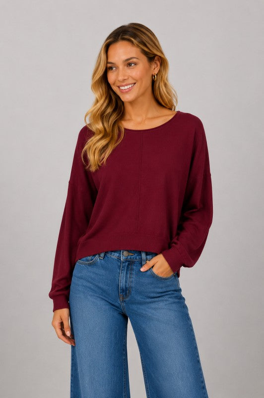 CAMILLA ROUND NECK SOFTEST FRONT SEAM SWEATER IN CURRANT