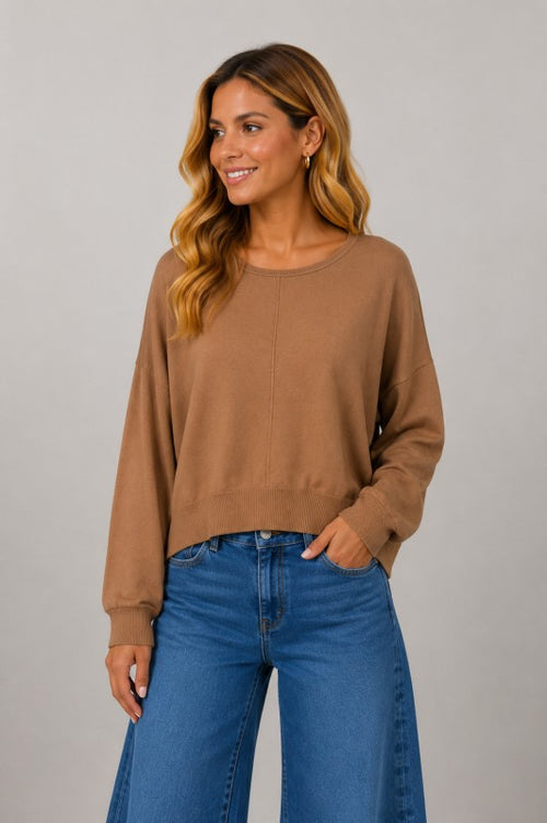 CAMILLA ROUND NECK SOFTEST FRONT SEAM SWEATER IN HEATHER BOURBON-Sweaters-MODE-Couture-Boutique-Womens-Clothing