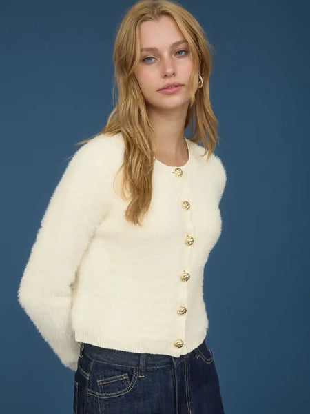 FEELING GOOD BUTTON DOWN FUZZY KNIT CARDIGAN IN LIGHT CREAM-cardigan-MODE-Couture-Boutique-Womens-Clothing