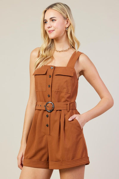 TALIA PINSTRIPE BUTTONDOWN ROMPER IN SIENNA-ROMPER-MODE-Couture-Boutique-Womens-Clothing